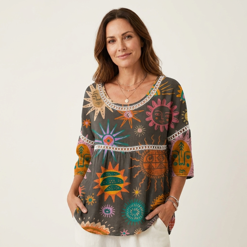 Kelly | Tunic Top With Lace Trim & Three-Quarter Sleeves