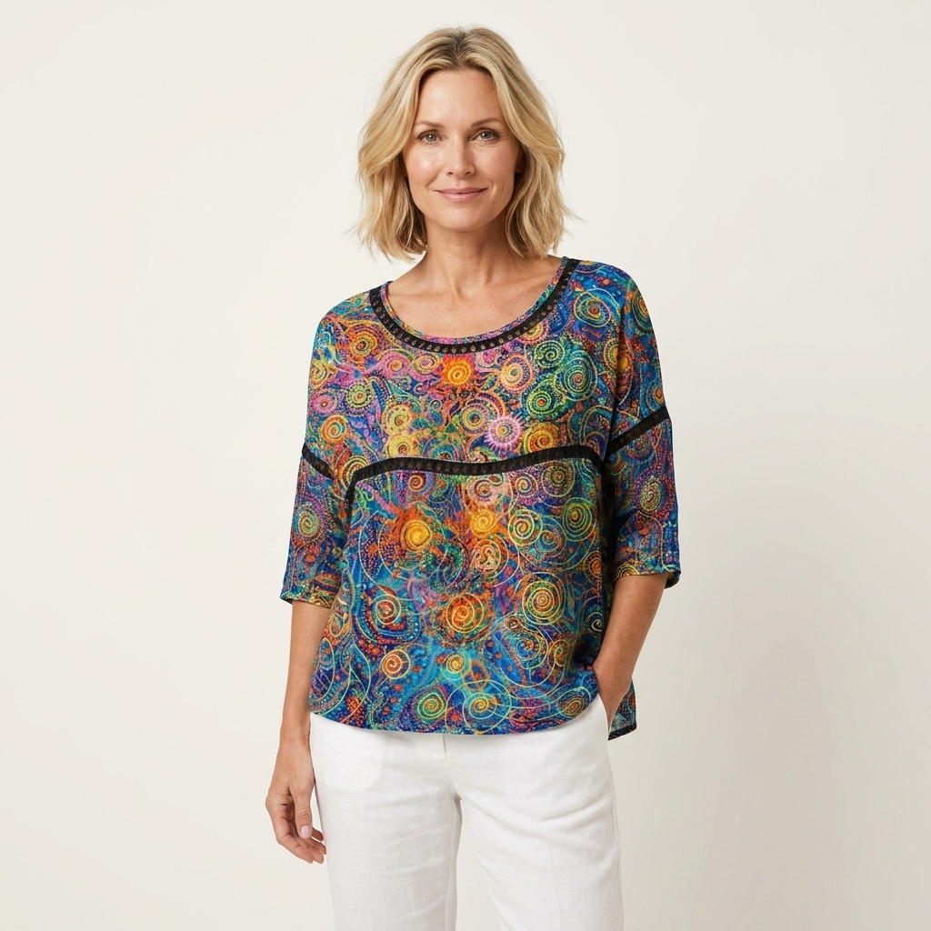 Abstract Print Scoop Neck Ladder Trim Quarter Sleeve Top