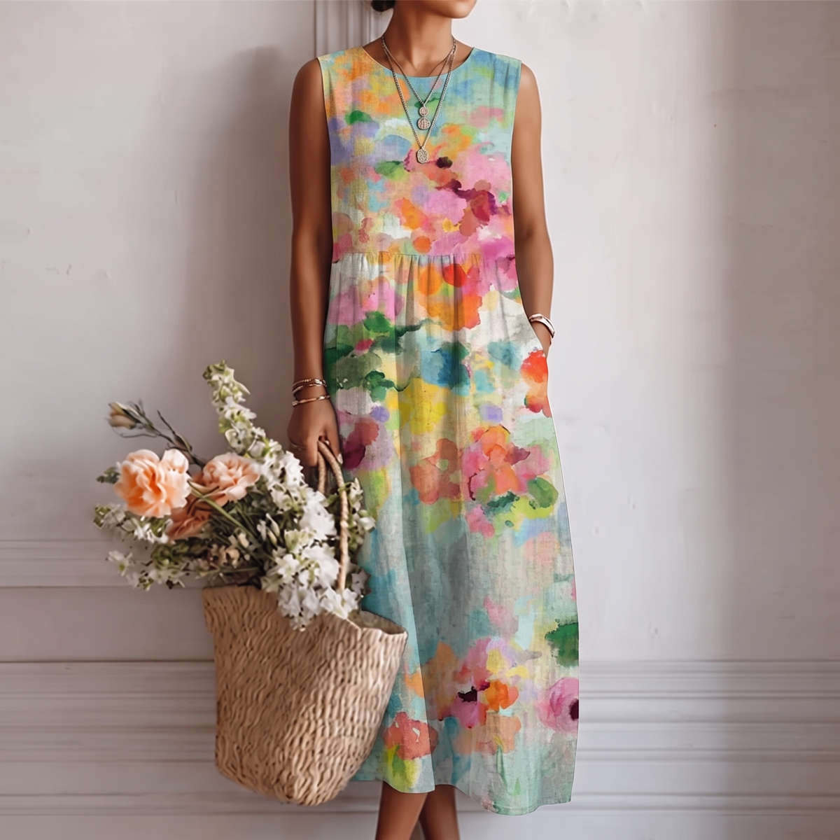 Round Neck Sleeveless Floral Print Tiered Midi Dress