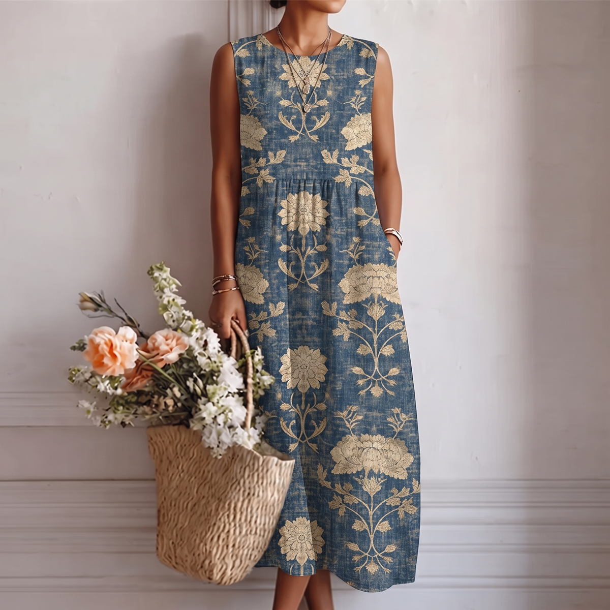 Floral Round Neck Sleeveless Pleated Waist Midi Dress