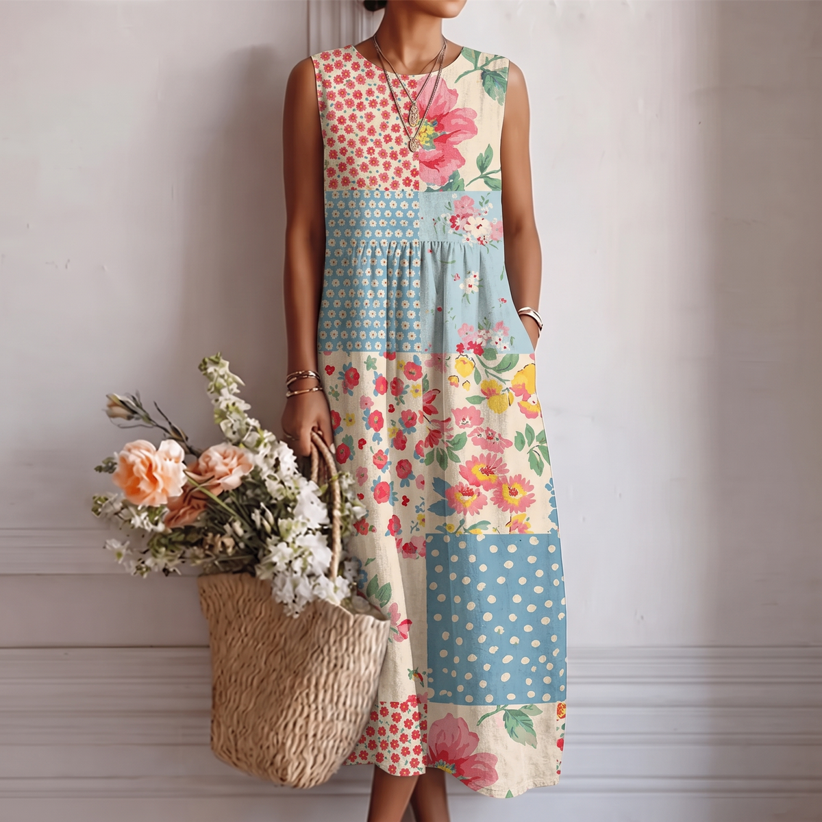 Patchwork Floral Round Neck Sleeveless Midi Dress