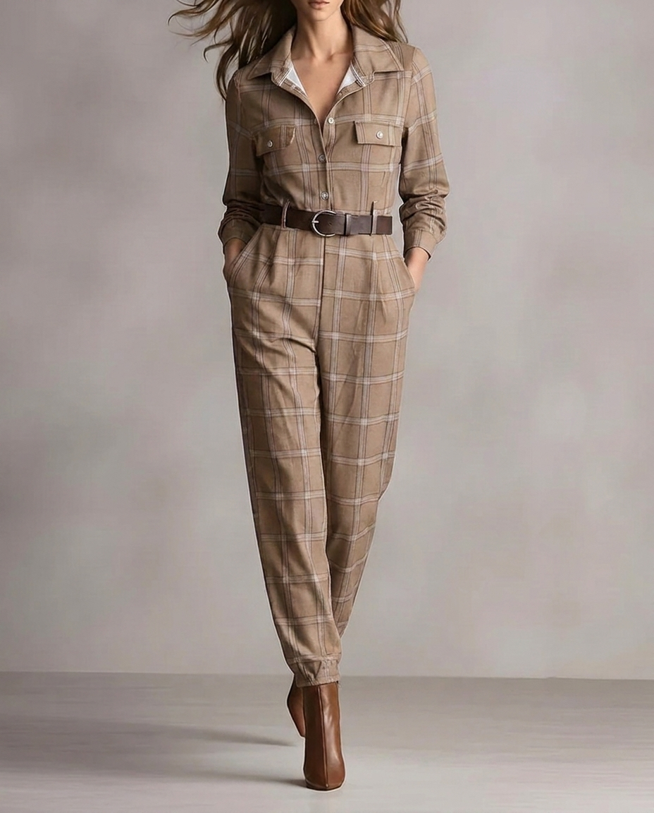Plaid Collared Long Sleeve Belted Tapered Jumpsuit