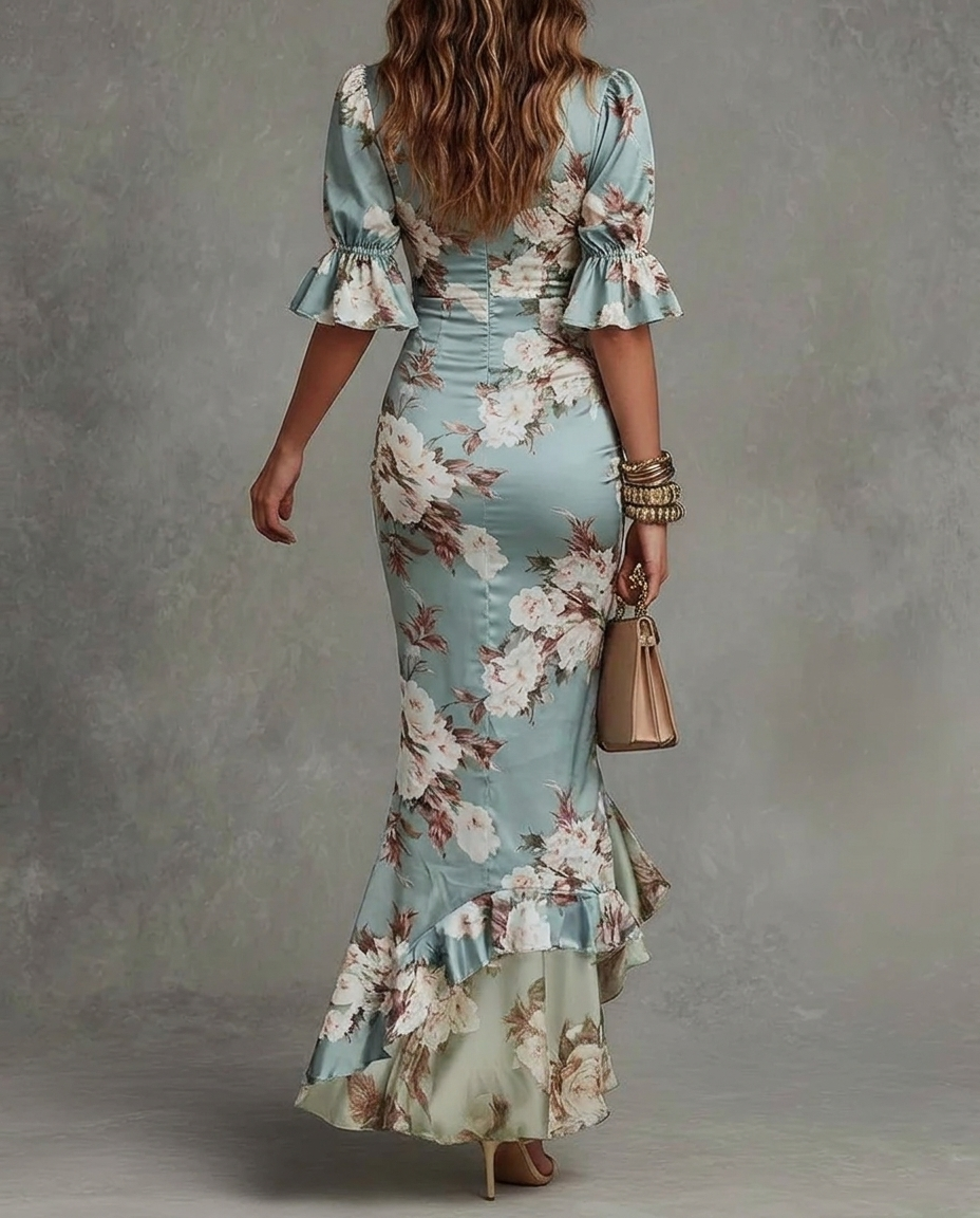 Floral Satin V-Neck Ruffle Sleeve Ruched High Low Midi Dress
