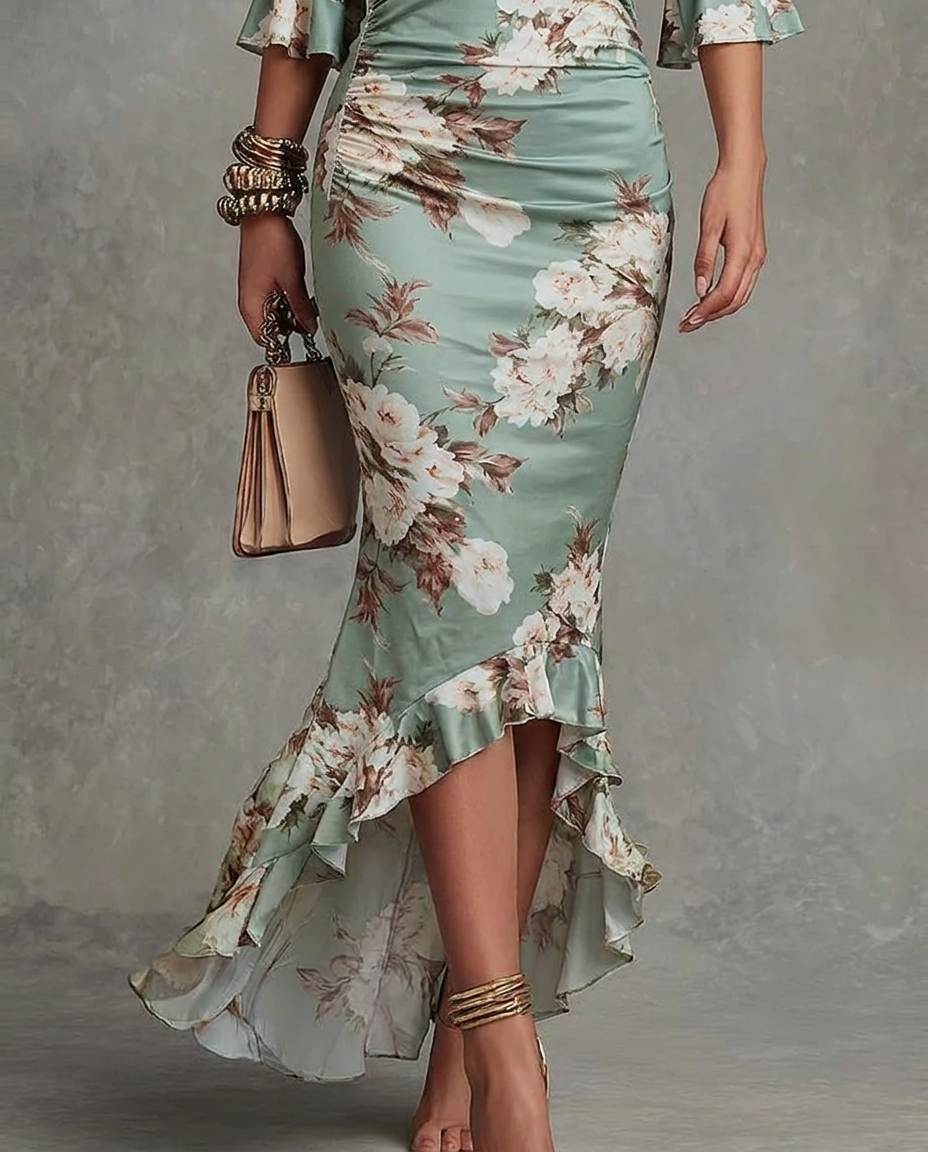 Floral Satin V-Neck Ruffle Sleeve Ruched High Low Midi Dress