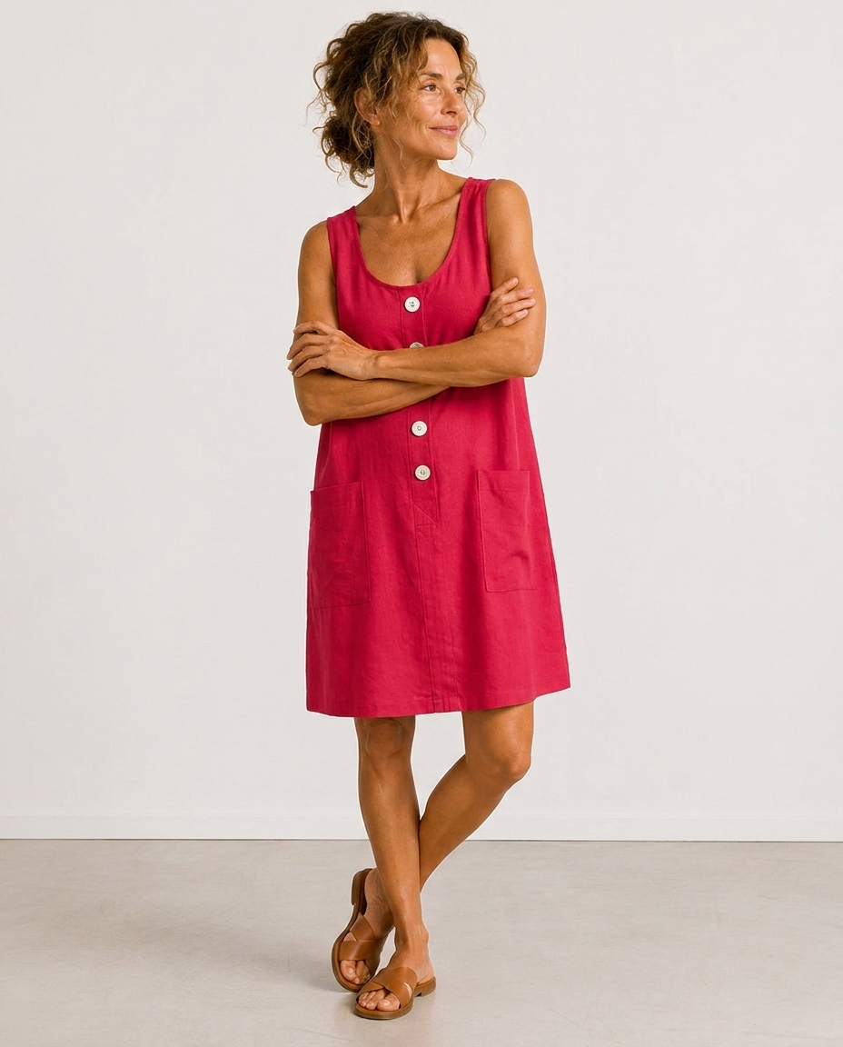 Scoop Neck Sleeveless Button Front Patch Pocket A-Line Mini Dress
