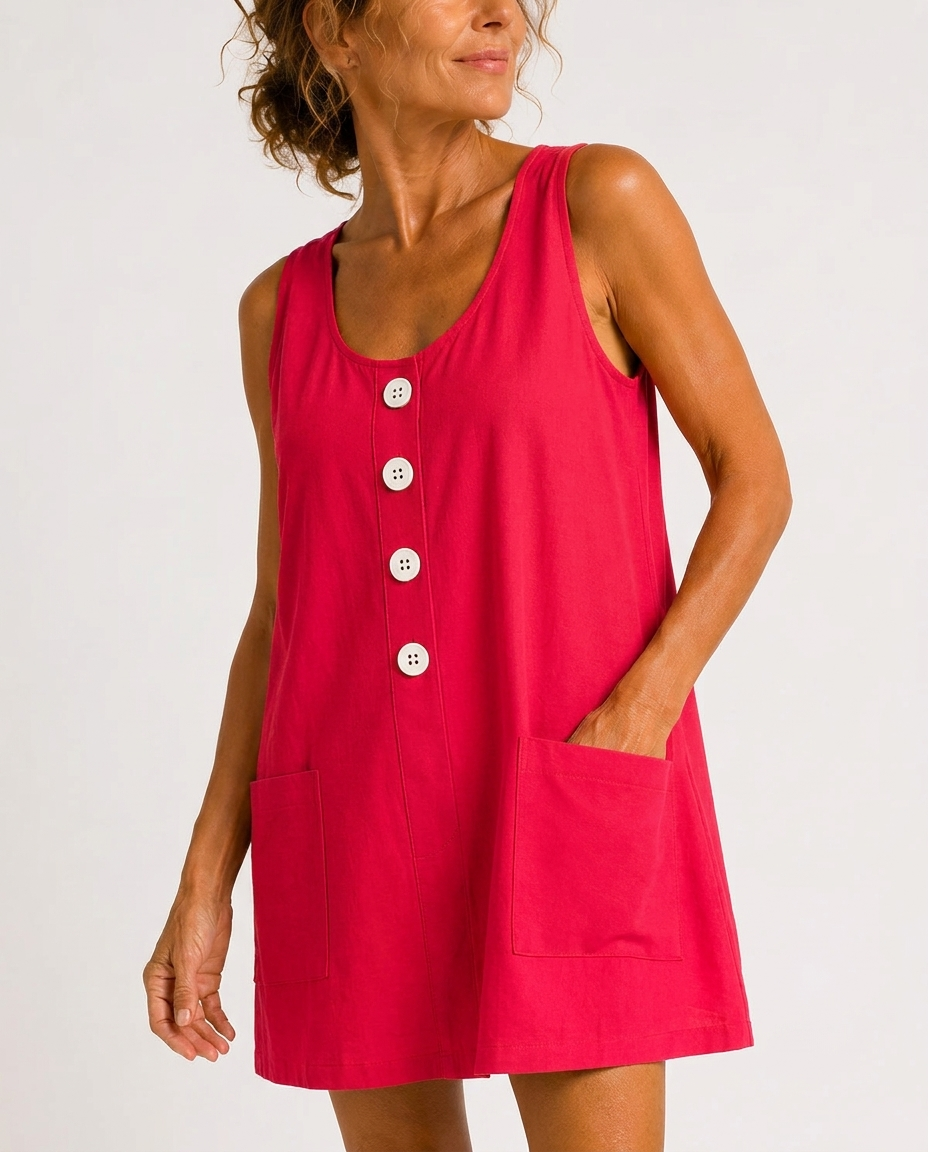Scoop Neck Sleeveless Button Front Patch Pocket A-Line Mini Dress