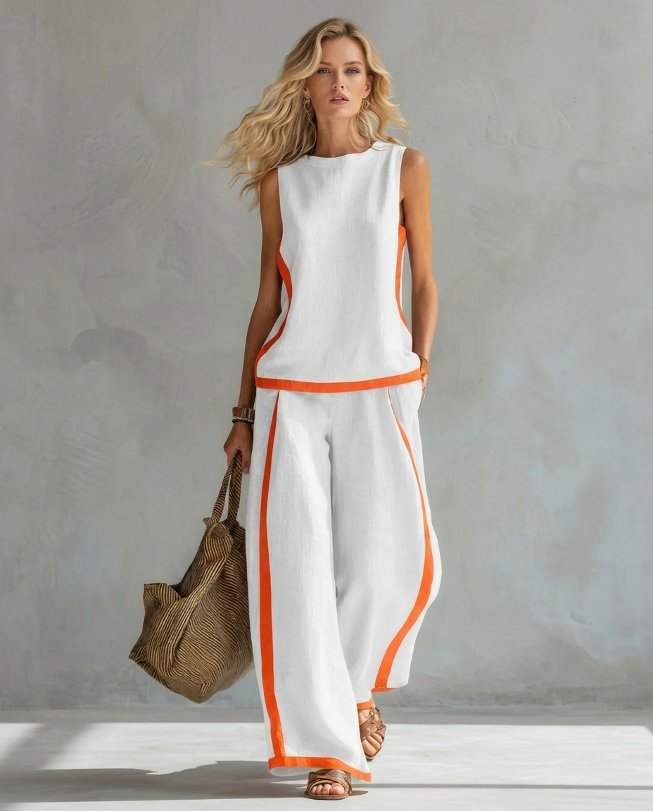 Sleeveless Contrast Trim Top and Wide Leg Pants Two Piece Set
