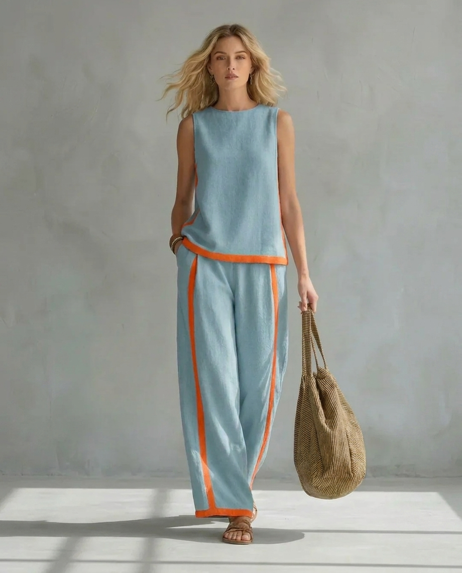 Sleeveless Contrast Trim Top and Wide Leg Pants Two Piece Set