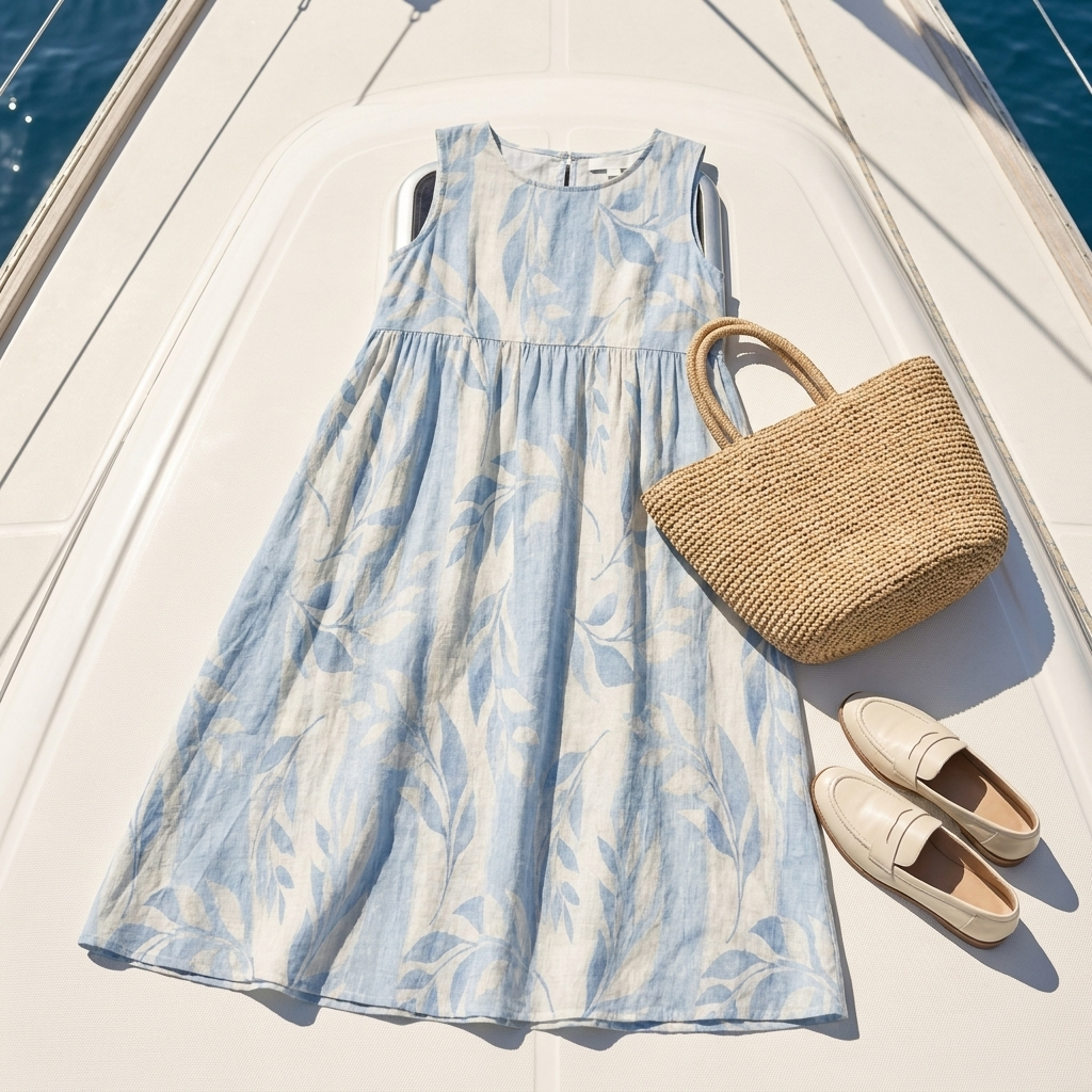 Solene | Sleeveless Blue Leaf Pattern Midi Dress