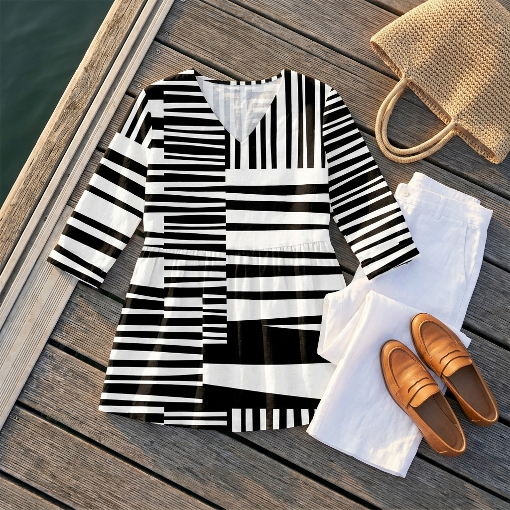 Striped V-Neck Three Quarter Sleeve Tunic Top