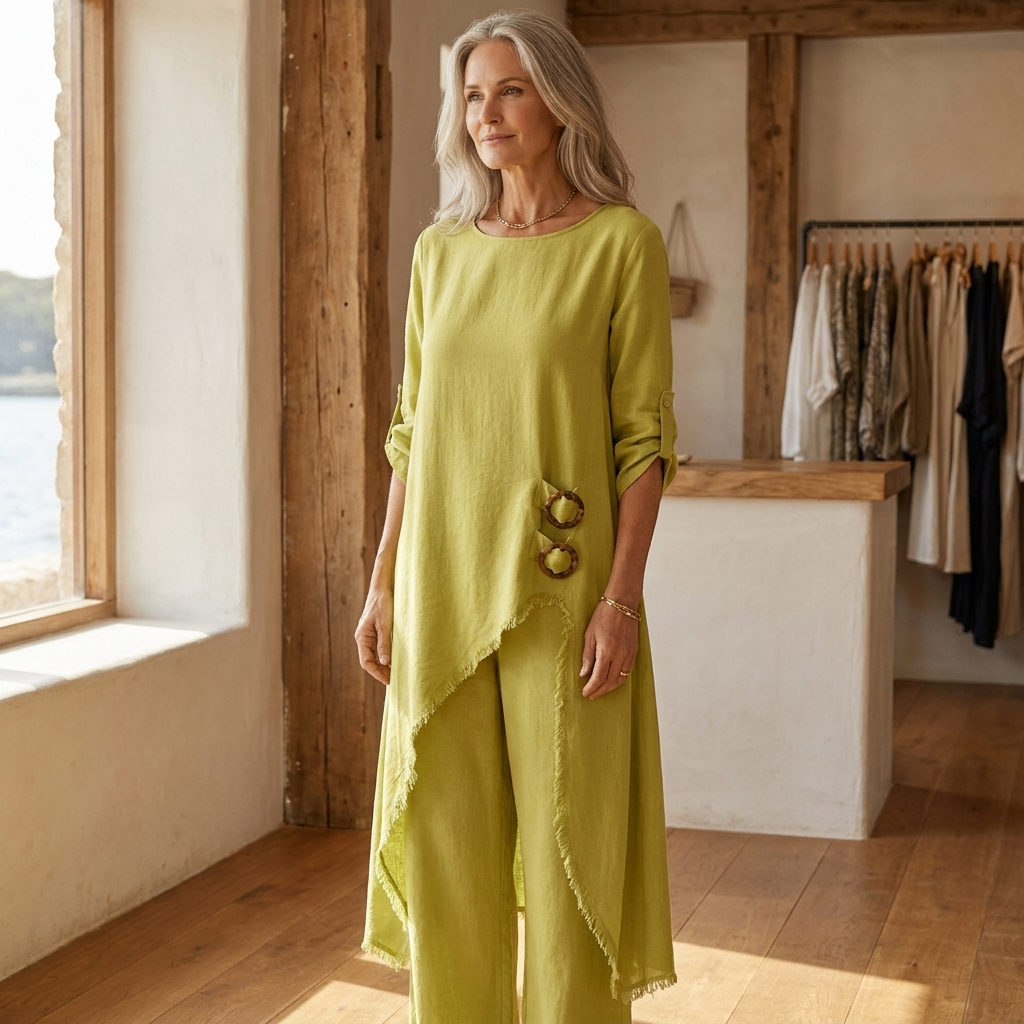 Asymmetric Frayed Hem Tunic and Wide Leg Pants Two Piece Set