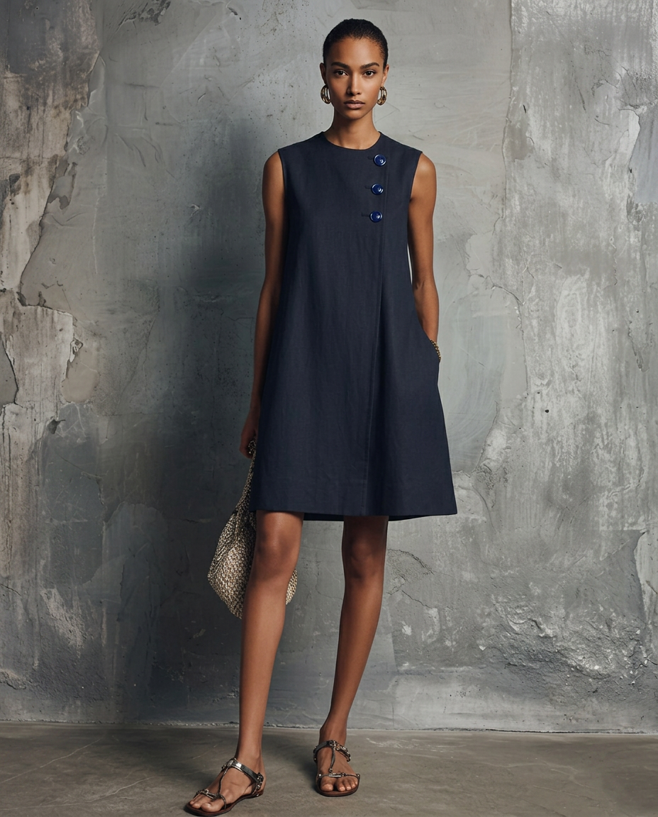 Round Neck Sleeveless Asymmetric Button A-Line Mini Dress