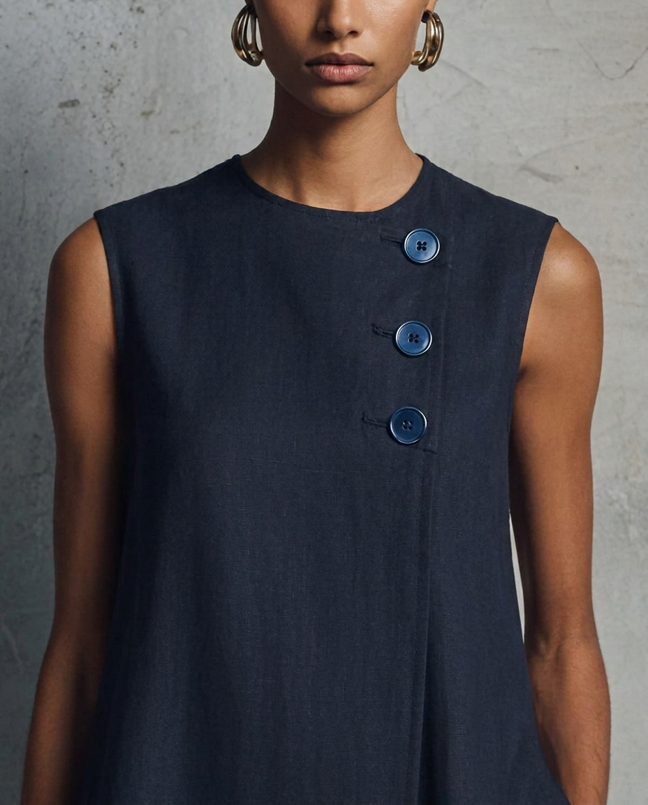 Round Neck Sleeveless Asymmetric Button A-Line Mini Dress