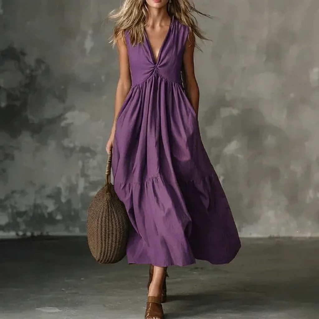 Deep V-Neck Twist Front Sleeveless Tiered Maxi Dress
