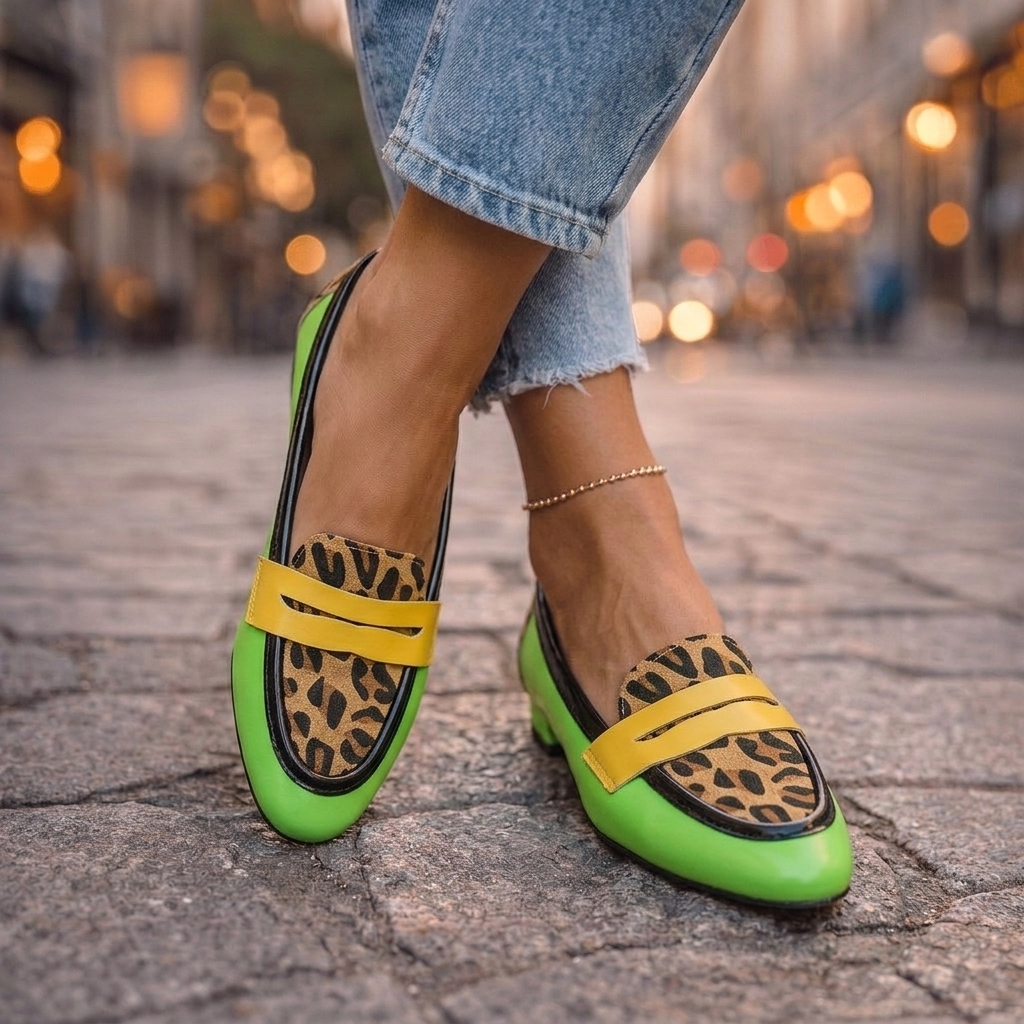 Leopard Print Contrast Strap Pointed Toe Penny Loafers