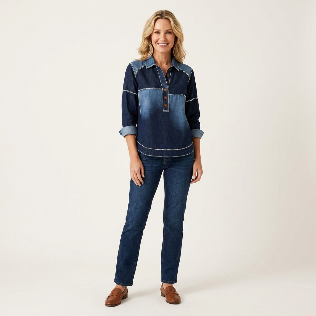 Collared Half Button Long Sleeve Denim Popover Shirt