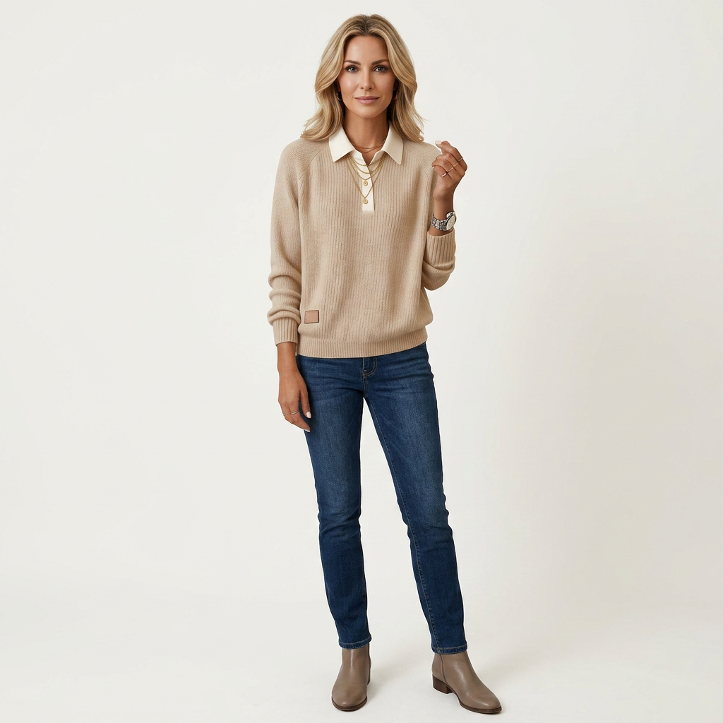 Polo Collar Ribbed Knit Long Sleeve Pullover Sweater