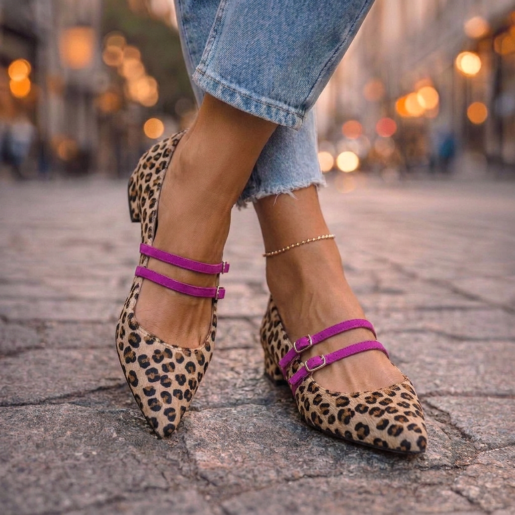 Leopard Print Pointed Toe Double Buckle Mary Jane Flats