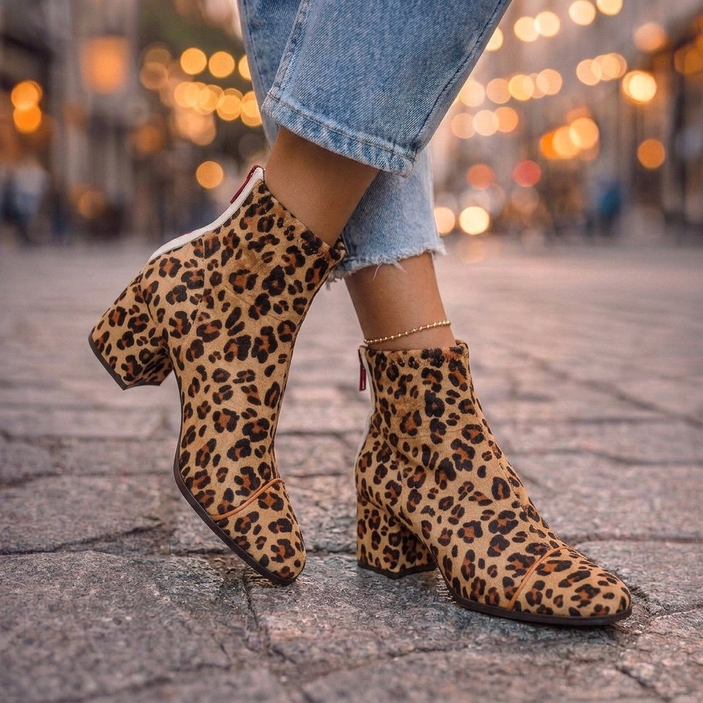 Leopard Print Block Heel Ankle Boots