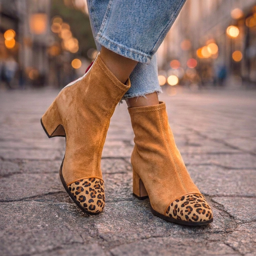 Leopard Print Block Heel Ankle Boots