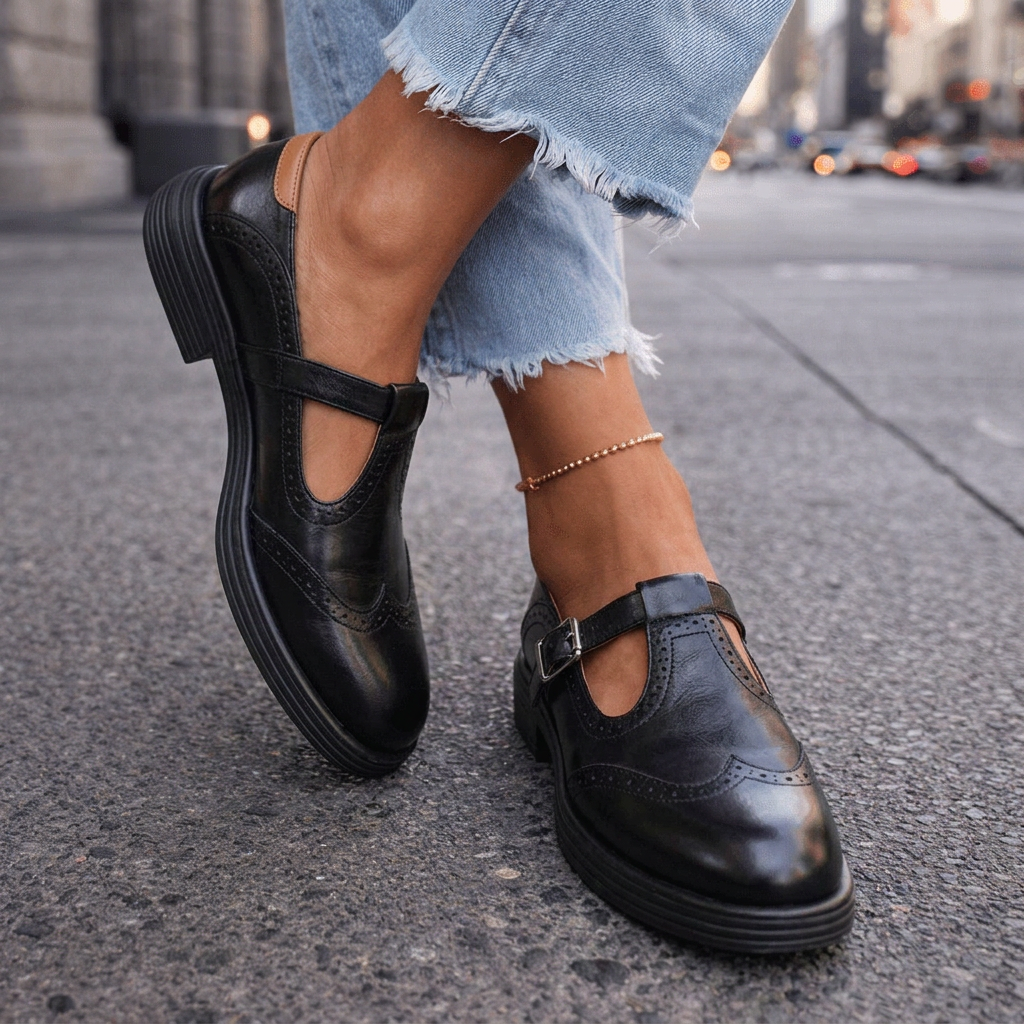 Brogue Wingtip T-Strap Buckle Mary Jane Flats