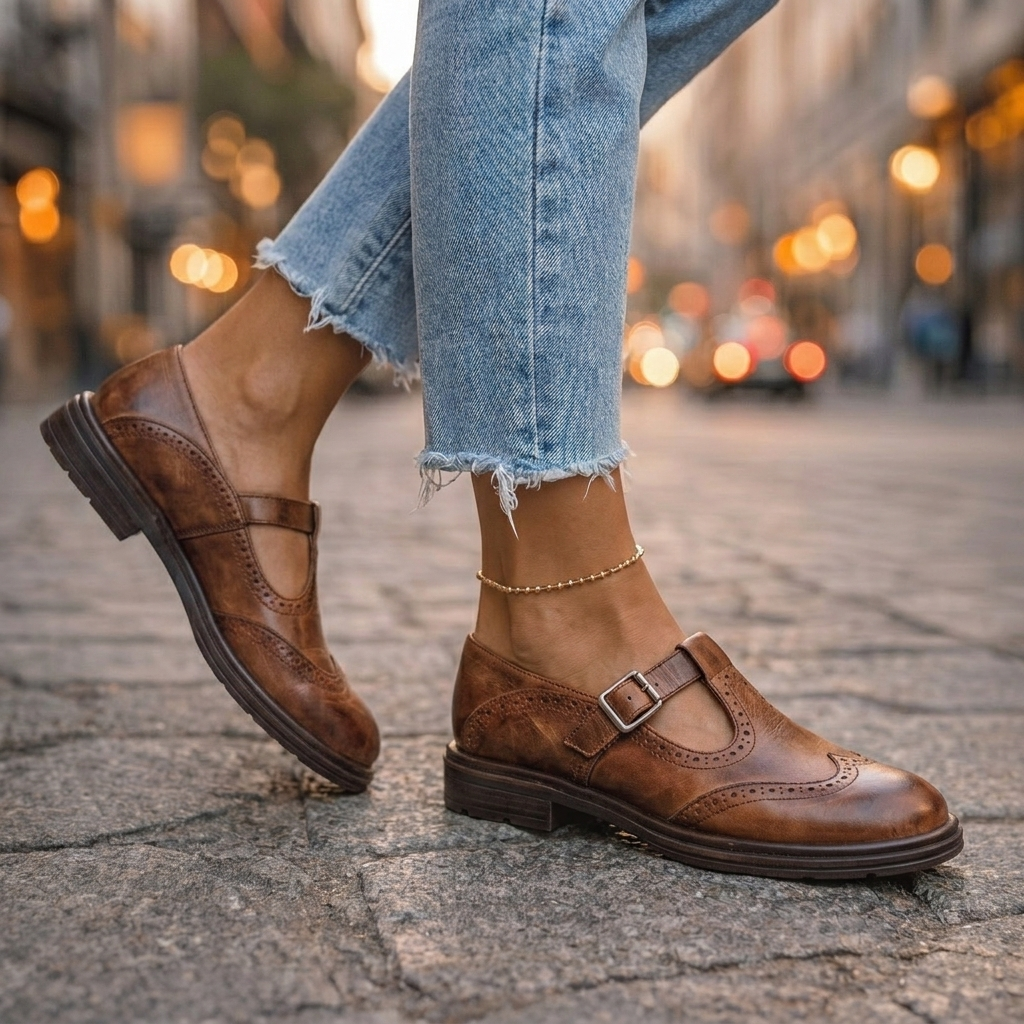 Brogue Wingtip T-Strap Buckle Mary Jane Flats