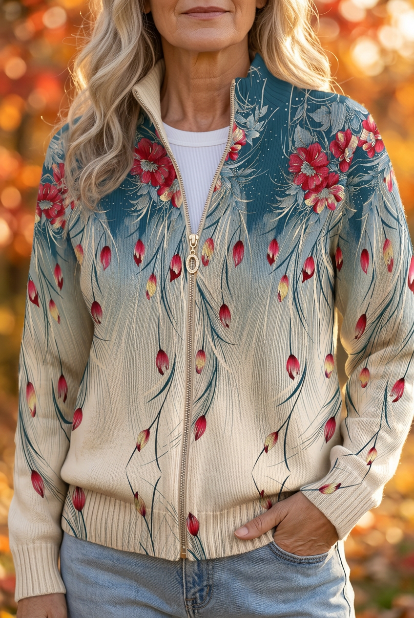 Floral Feather Print Zip Front Cardigan
