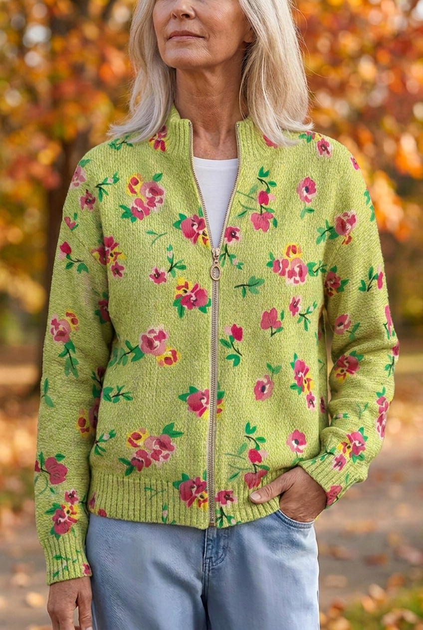 Ditsy Floral Zip Front Mock Neck Cardigan