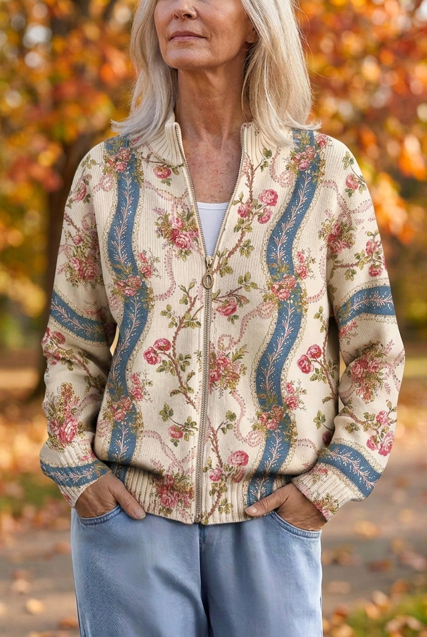 Floral Zip Front Stand Collar Knit Cardigan
