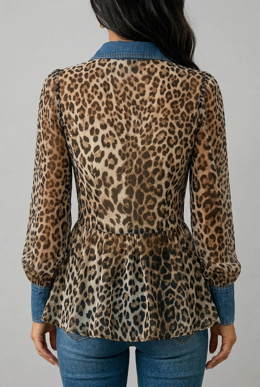 Leopard Print Denim Contrast Trim Peplum Blouse