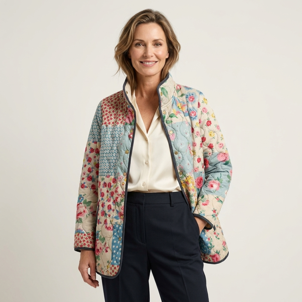 Floral Patchwork Print Stand Collar Open Front Quilted Jacket