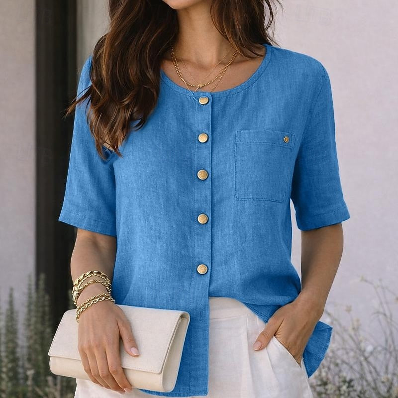 Round Neck Short Sleeve Button Front Blouse