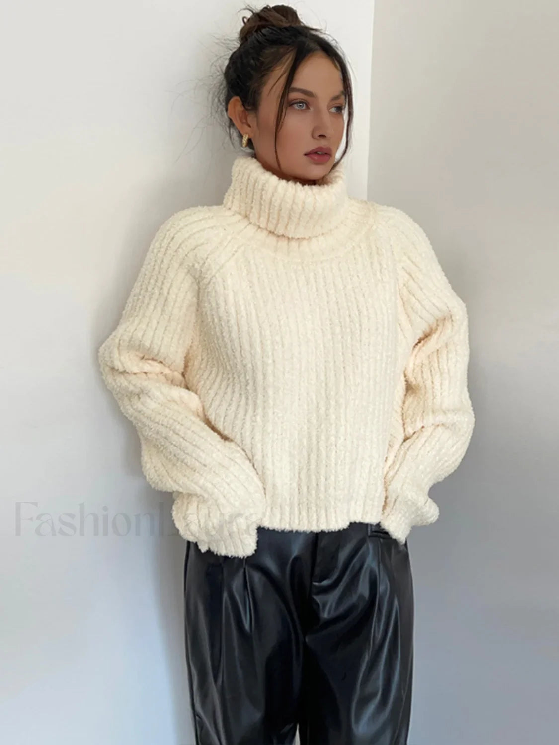 High Neck Graceful Ribbed Knit Sweater Beige / S Sweaters L