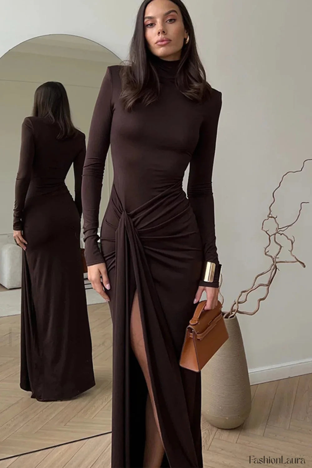 High Neck Patchwork Tie Maxi Dress