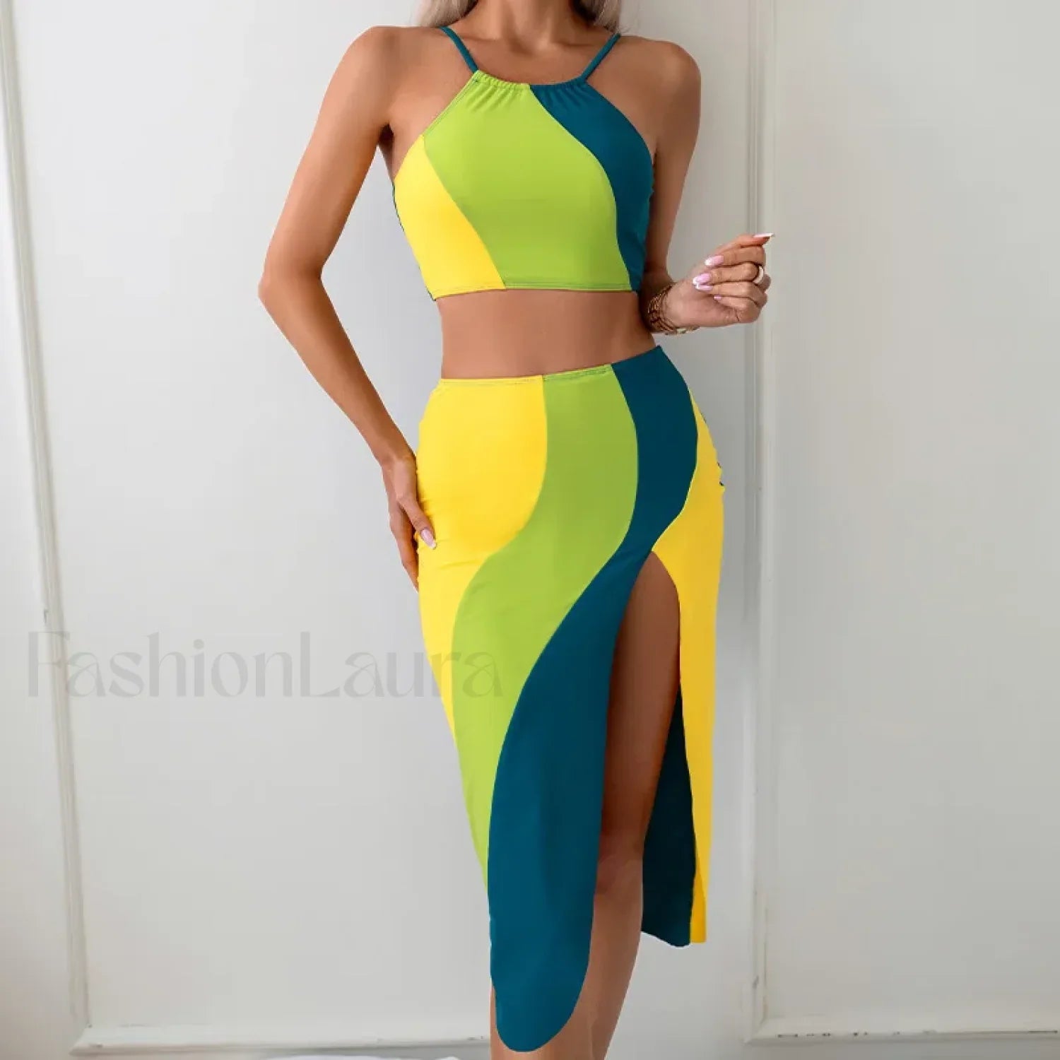 High-Neck Pink Sarong Three Piece Set