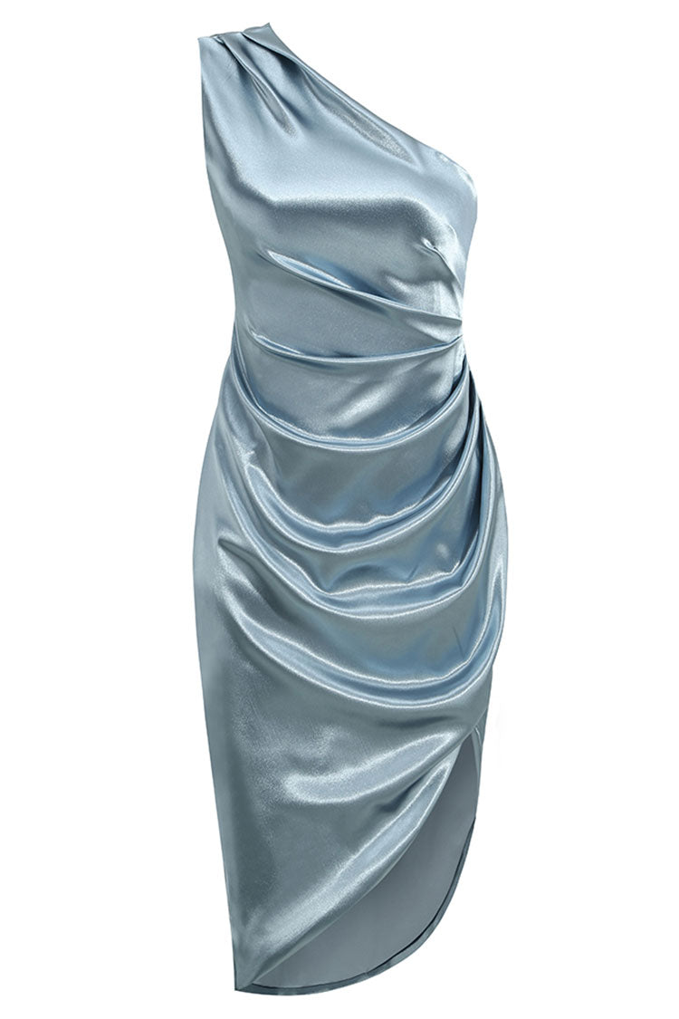 Satin One Shoulder Ruched Wrap High Split Midi Dress