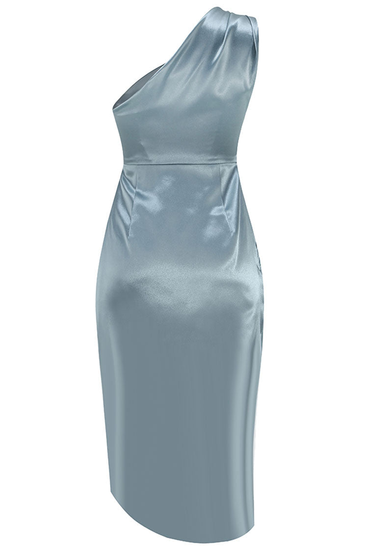 Satin One Shoulder Ruched Wrap High Split Midi Dress