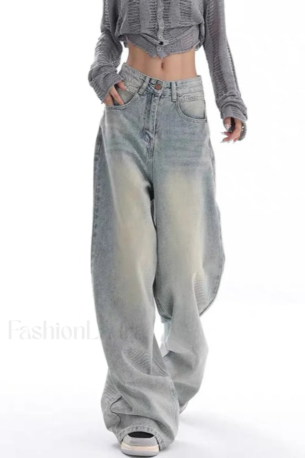 High Waist Draped Gradient Ripped Jeans