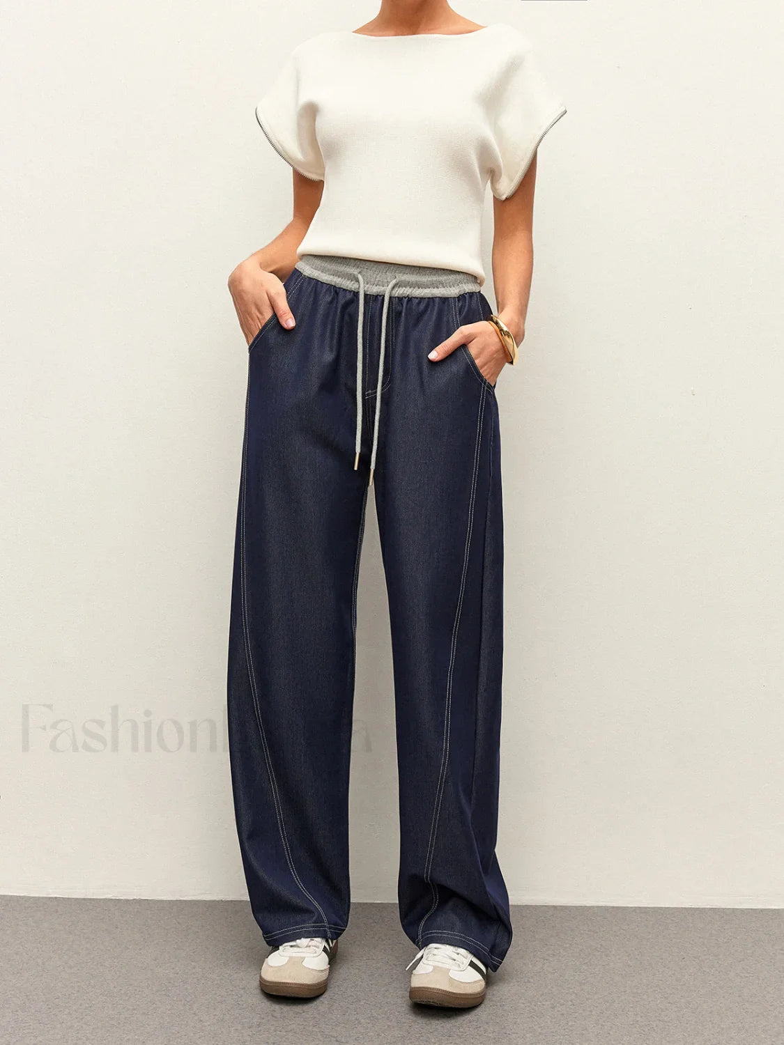High-Waist Drawstring Denim Pants With Pockets