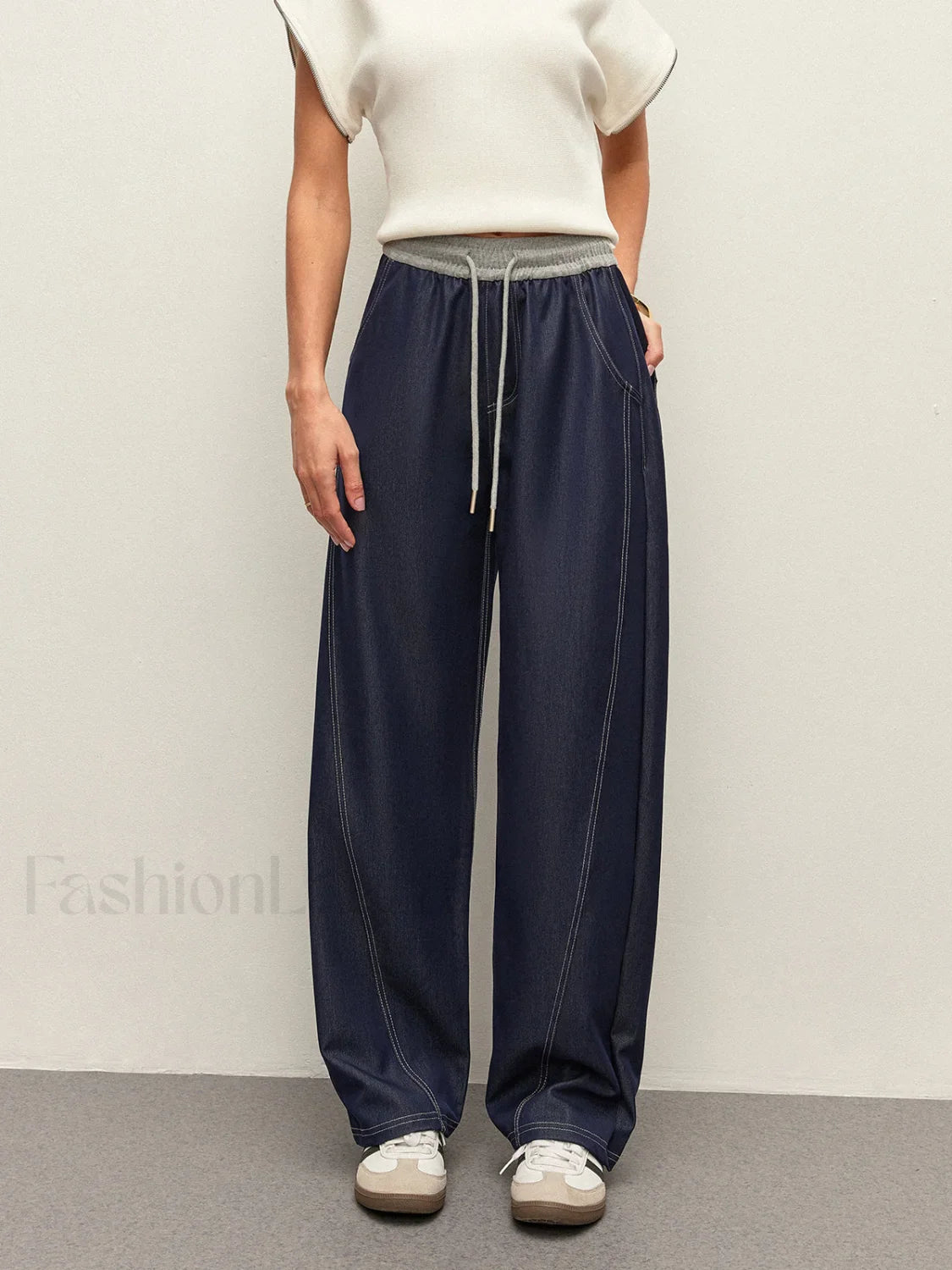 High Waist Drawstring Denim Pants With Pockets Blue / XS Pants