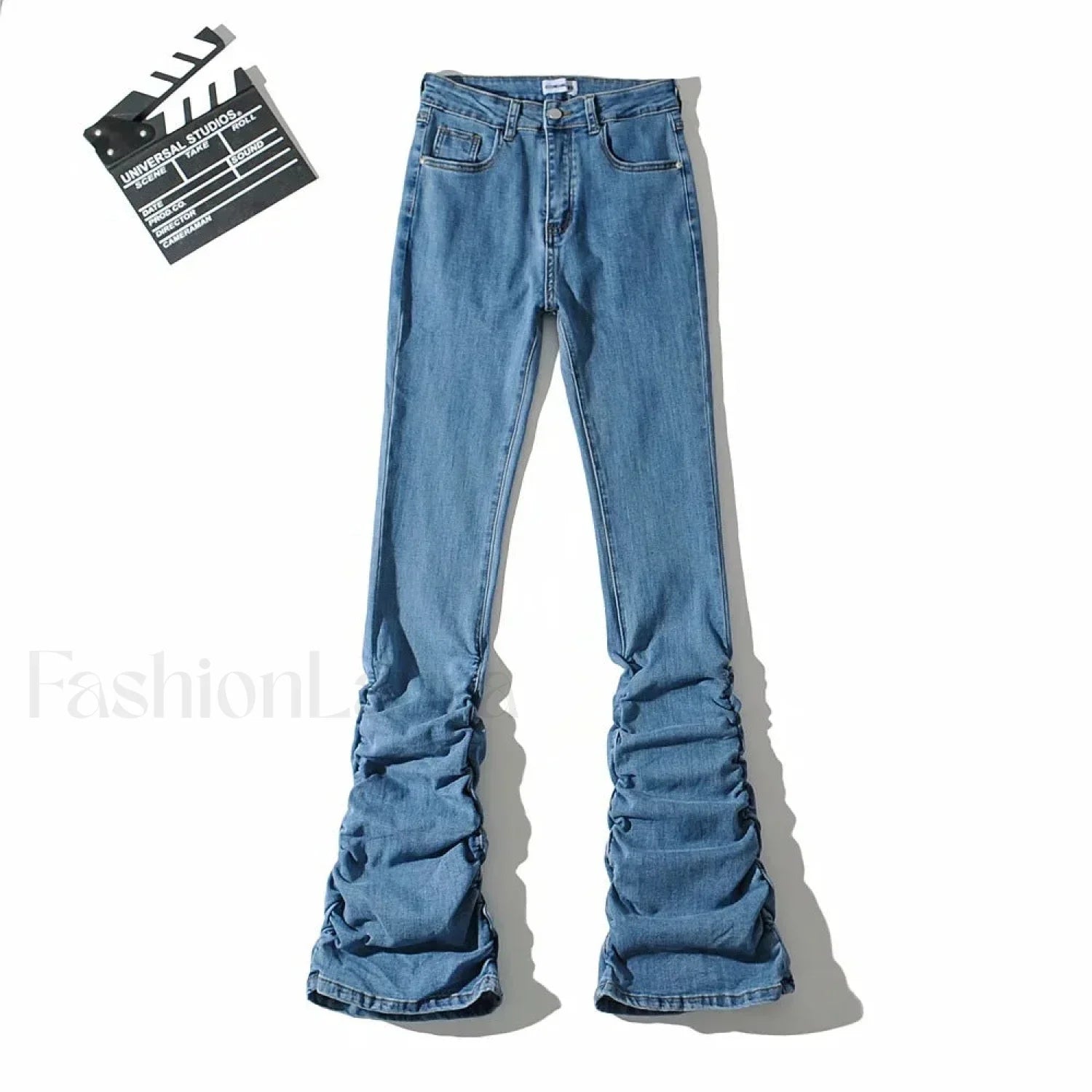 High Waist Graceful Gathered Bootcut Jeans Denim Blue / L women clothing