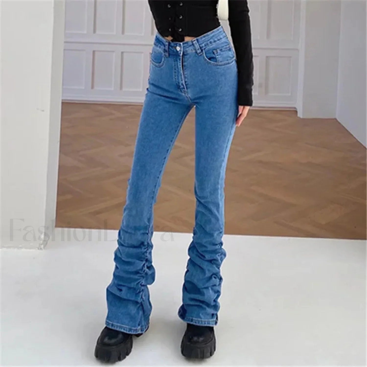 High Waist Graceful Gathered Bootcut Jeans