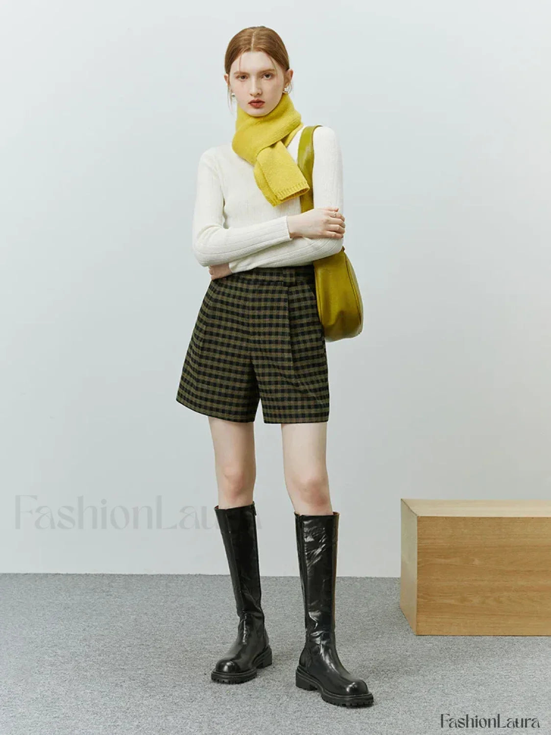 High Waist Green Black Plaid Shorts