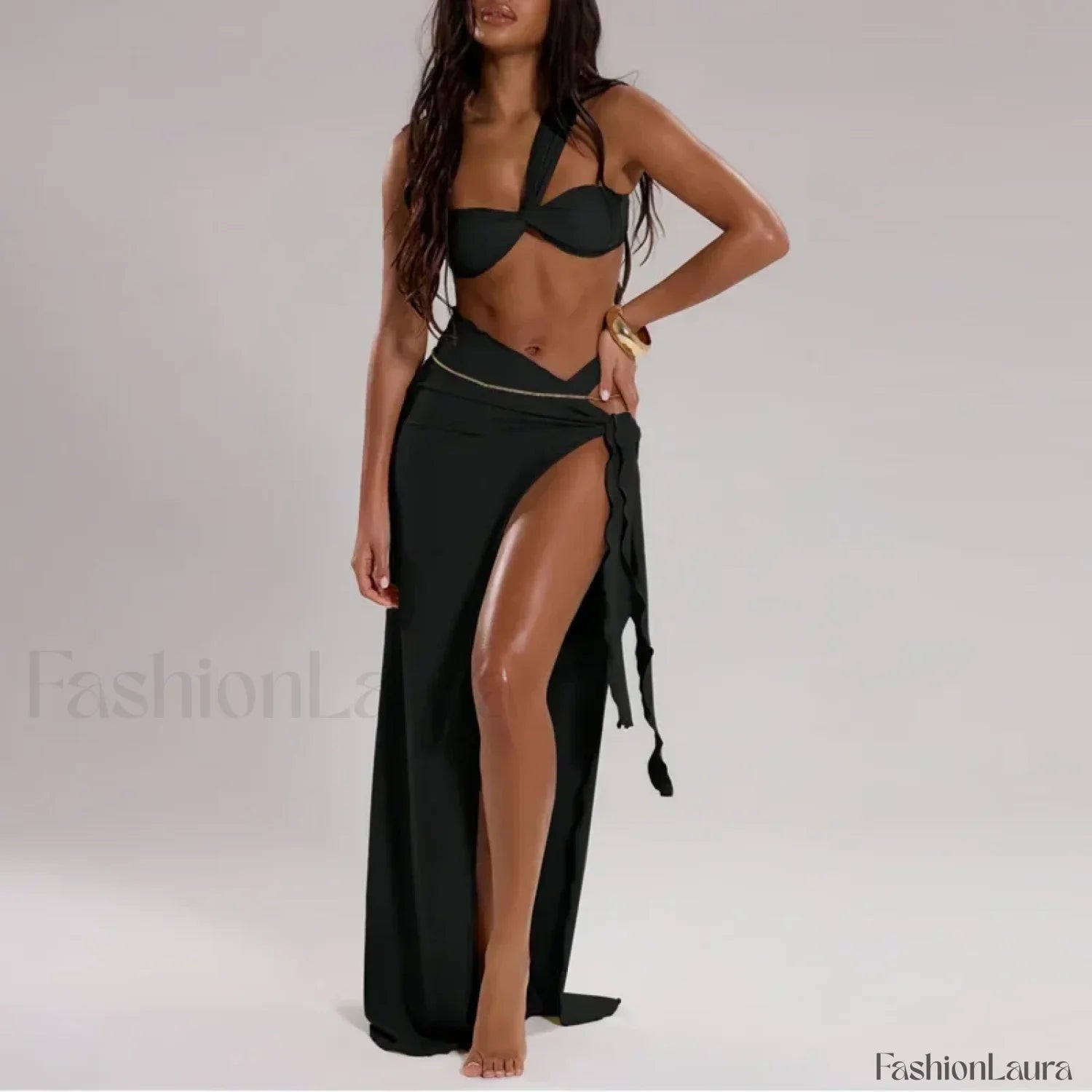 High-Waist One-Shoulder Thong Three Piece Set