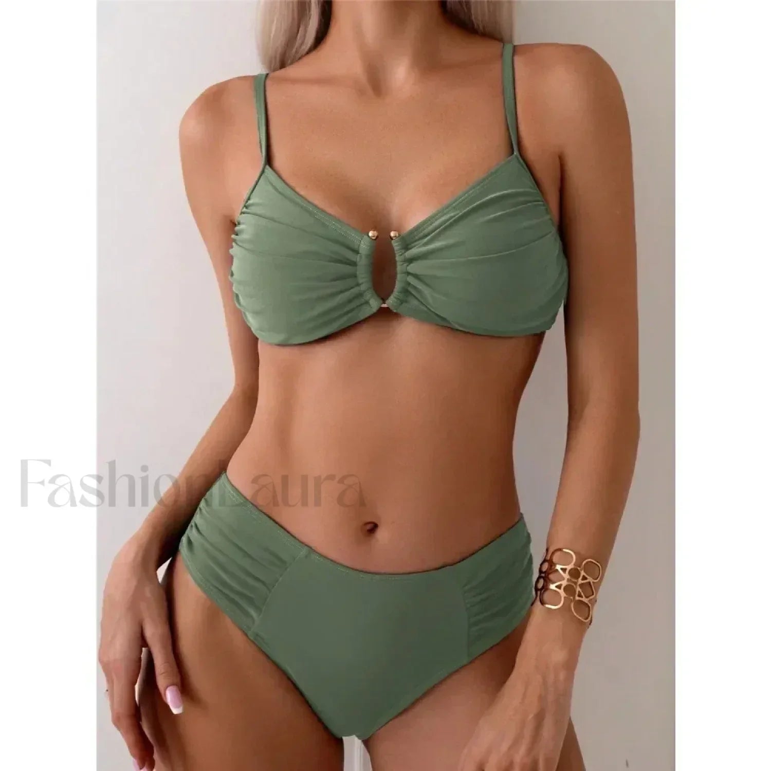 High Waist Push Up Solid Bikini Set green / S