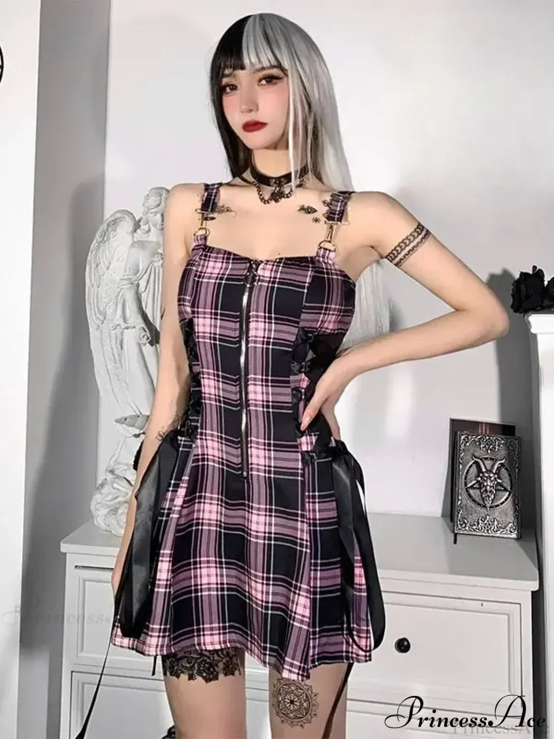 High Waist Spaghetti Strap Plaid Mini Dress