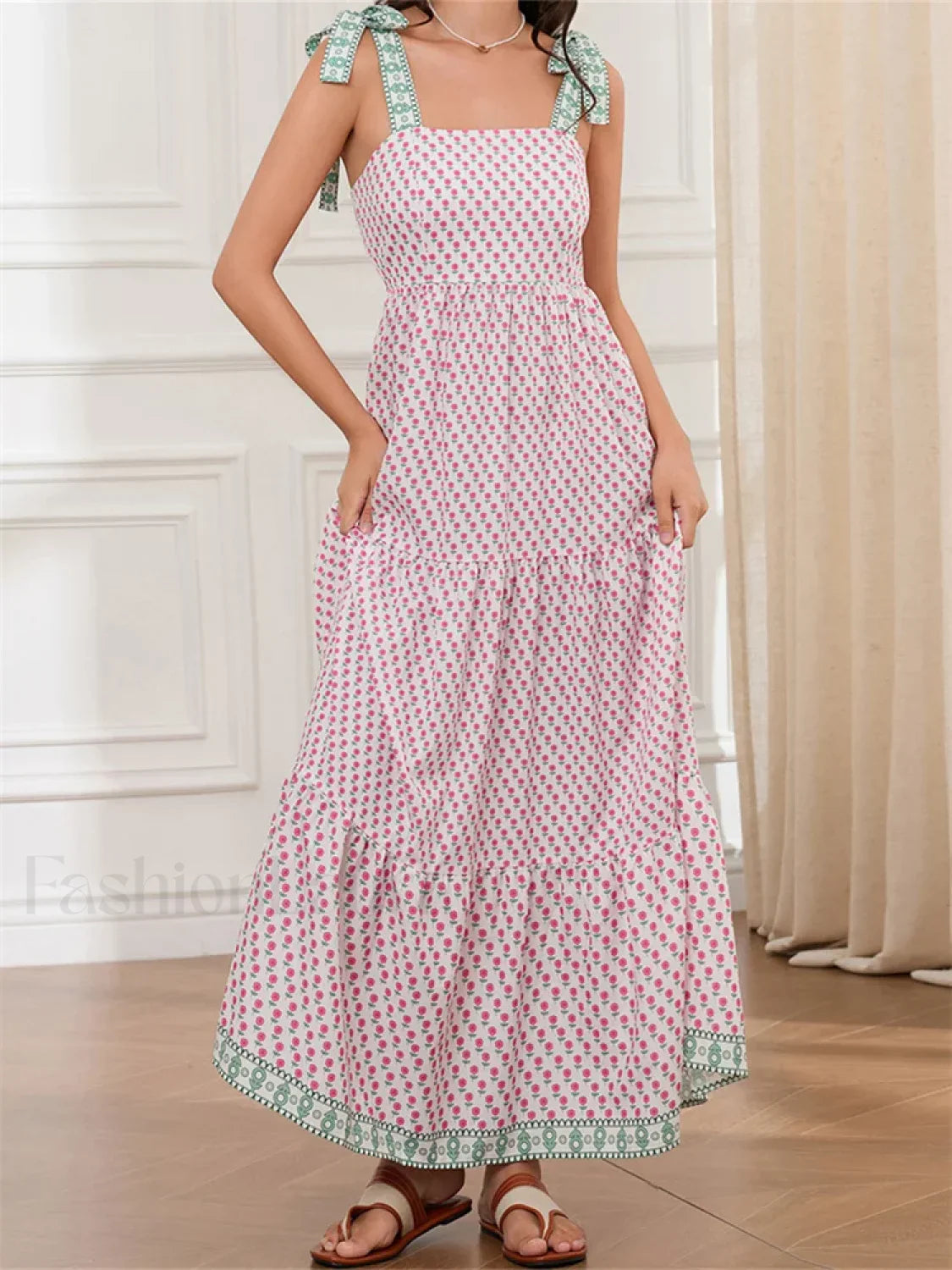 High Waist Tie Strap Print Maxi Dress