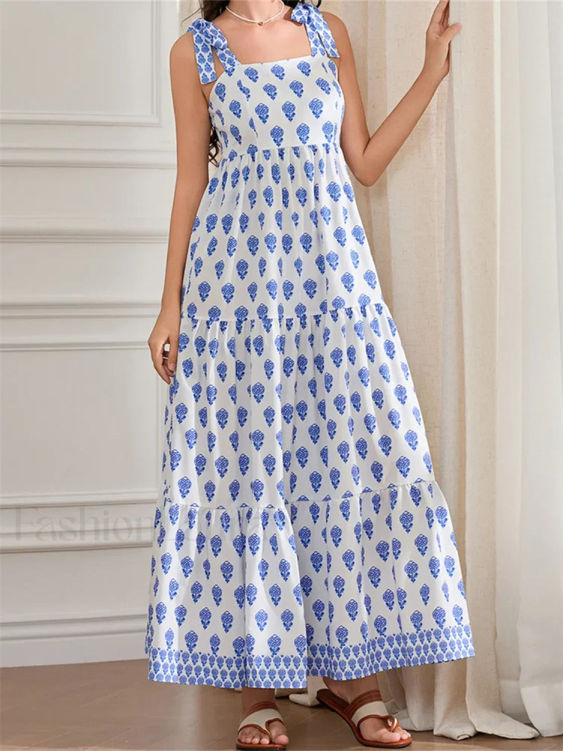 High Waist Tie Strap Print Maxi Dress