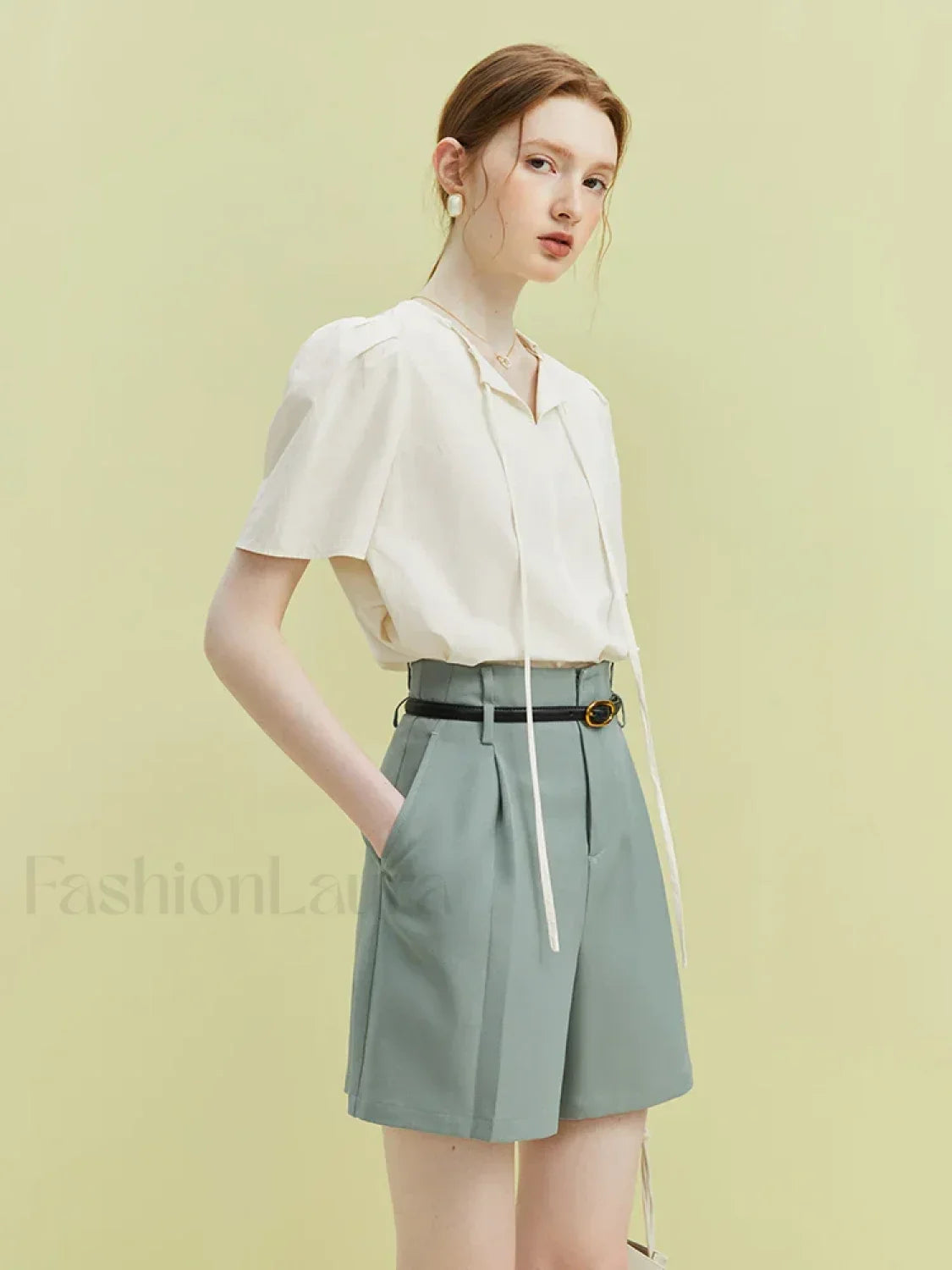 High Waist Twill Pleated Office Lady Short Green / S