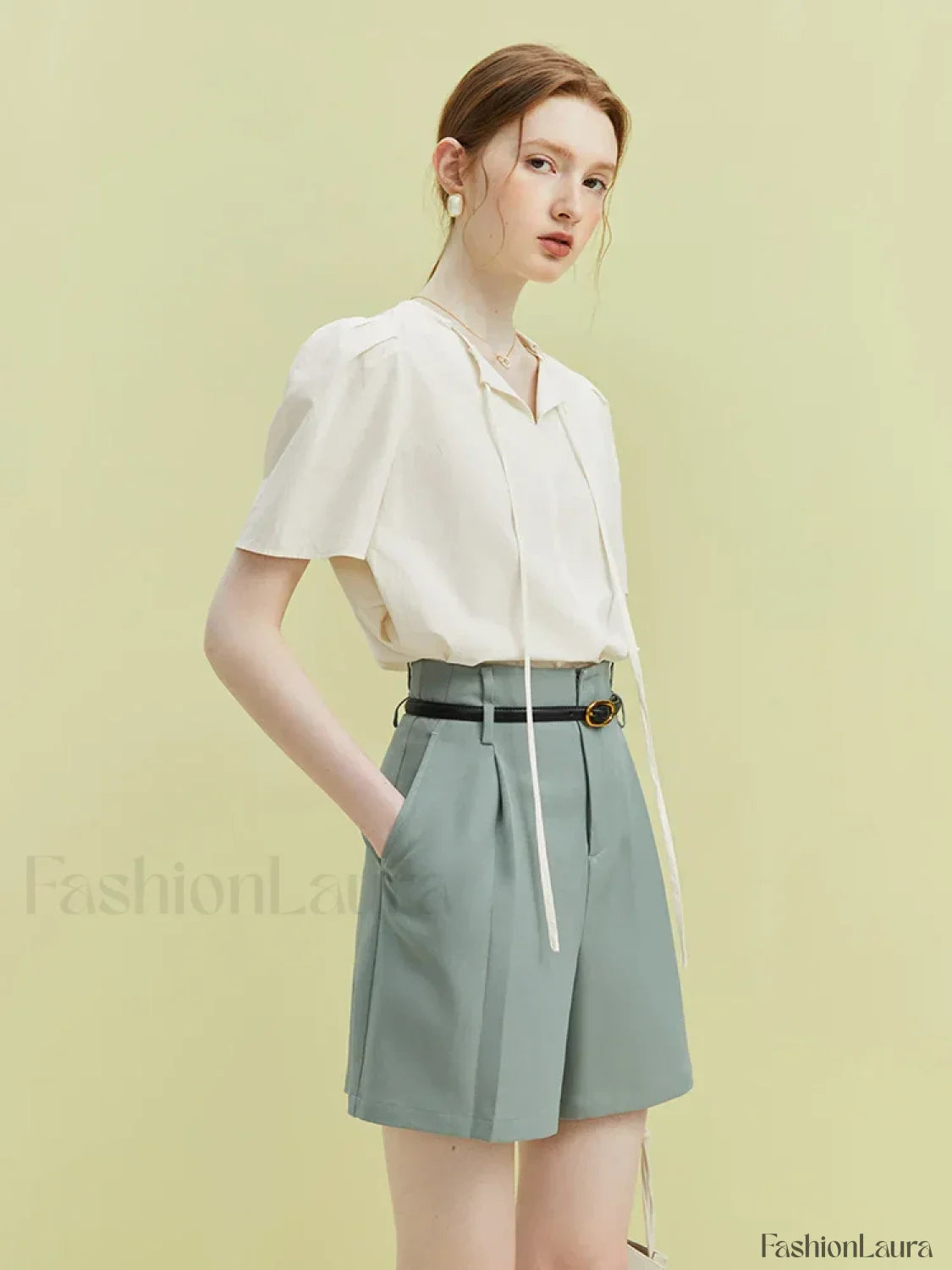High Waist Twill Pleated Office Lady Short